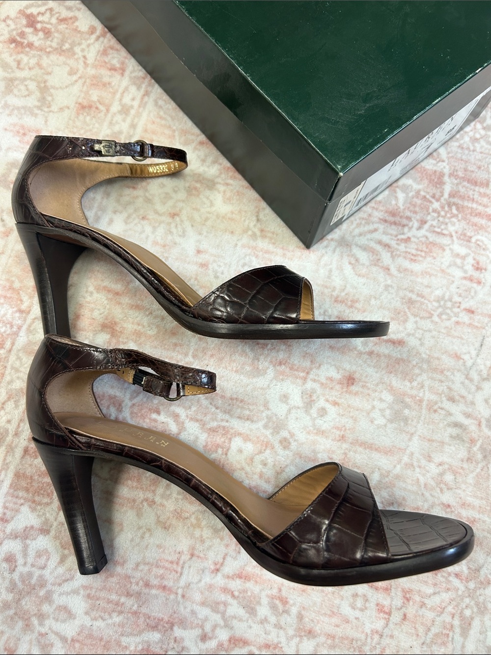 EUC Lauren Ralph Lauren Dark Brown Croc-Embossed Leather Ankle Strap Heels